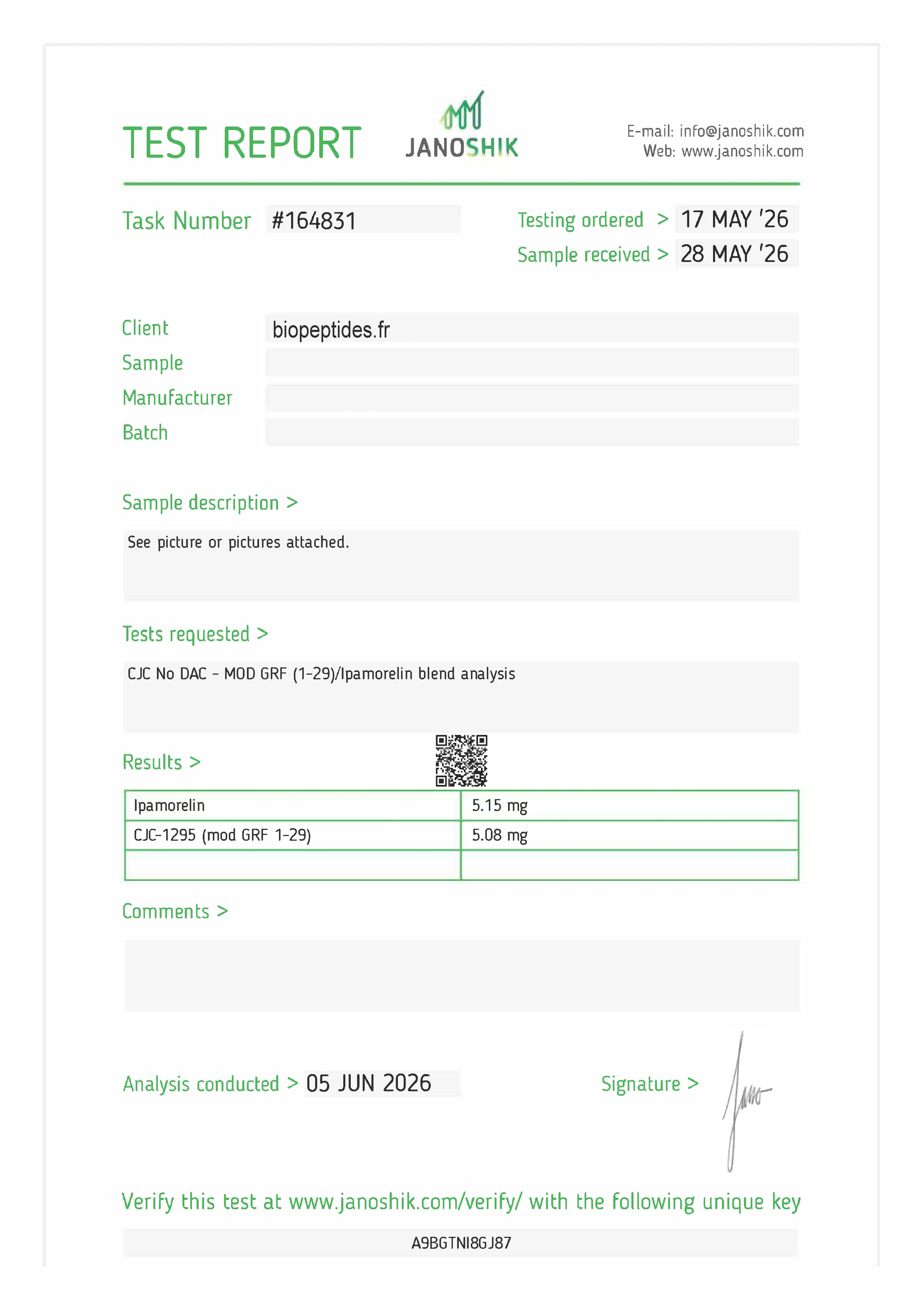 Certificate of Analysis — CJC-1295 No DAC · Ipamorelin