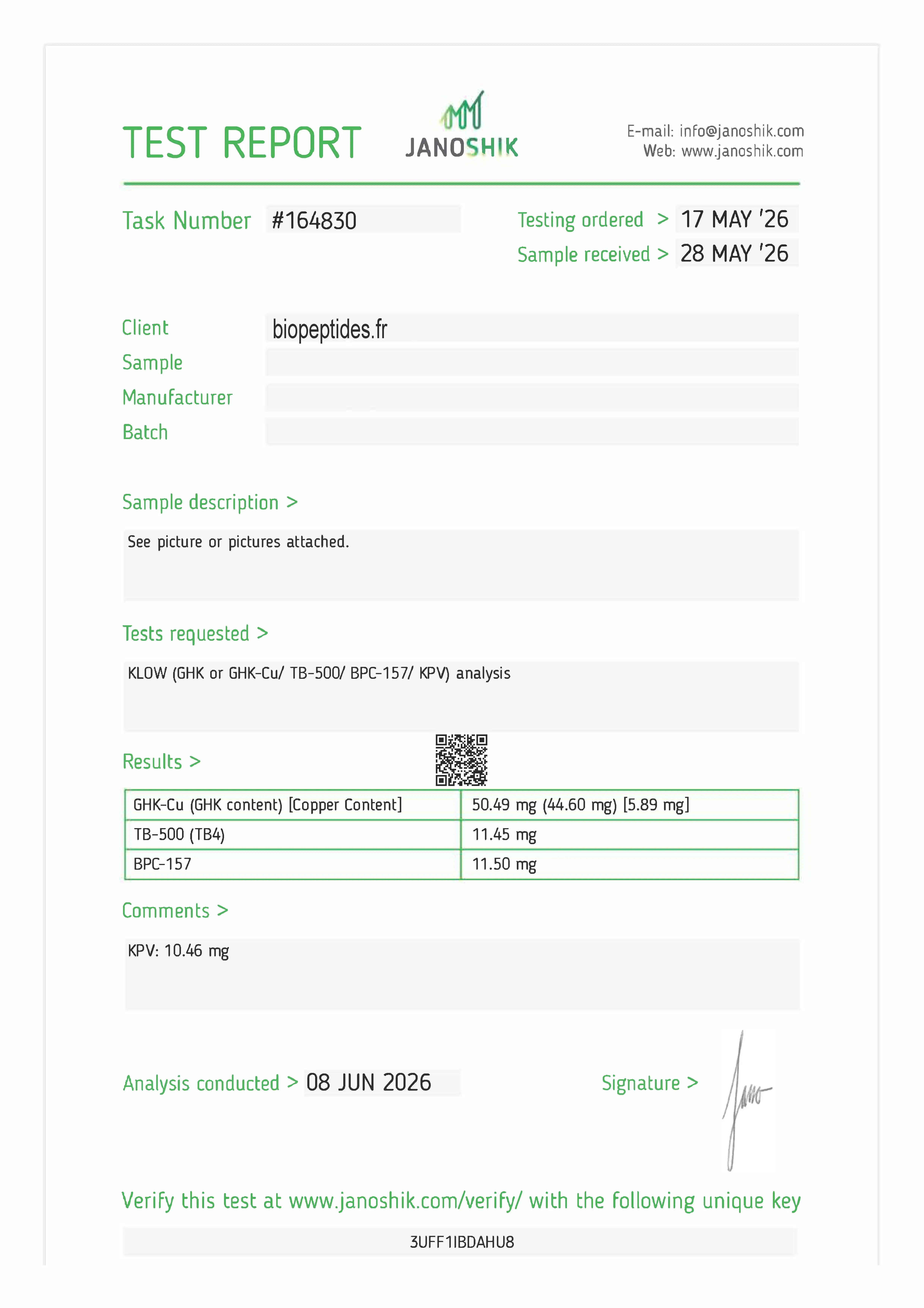 Certificate of Analysis — KLOW — GHK-Cu · TB-500 · BPC-157 · KPV