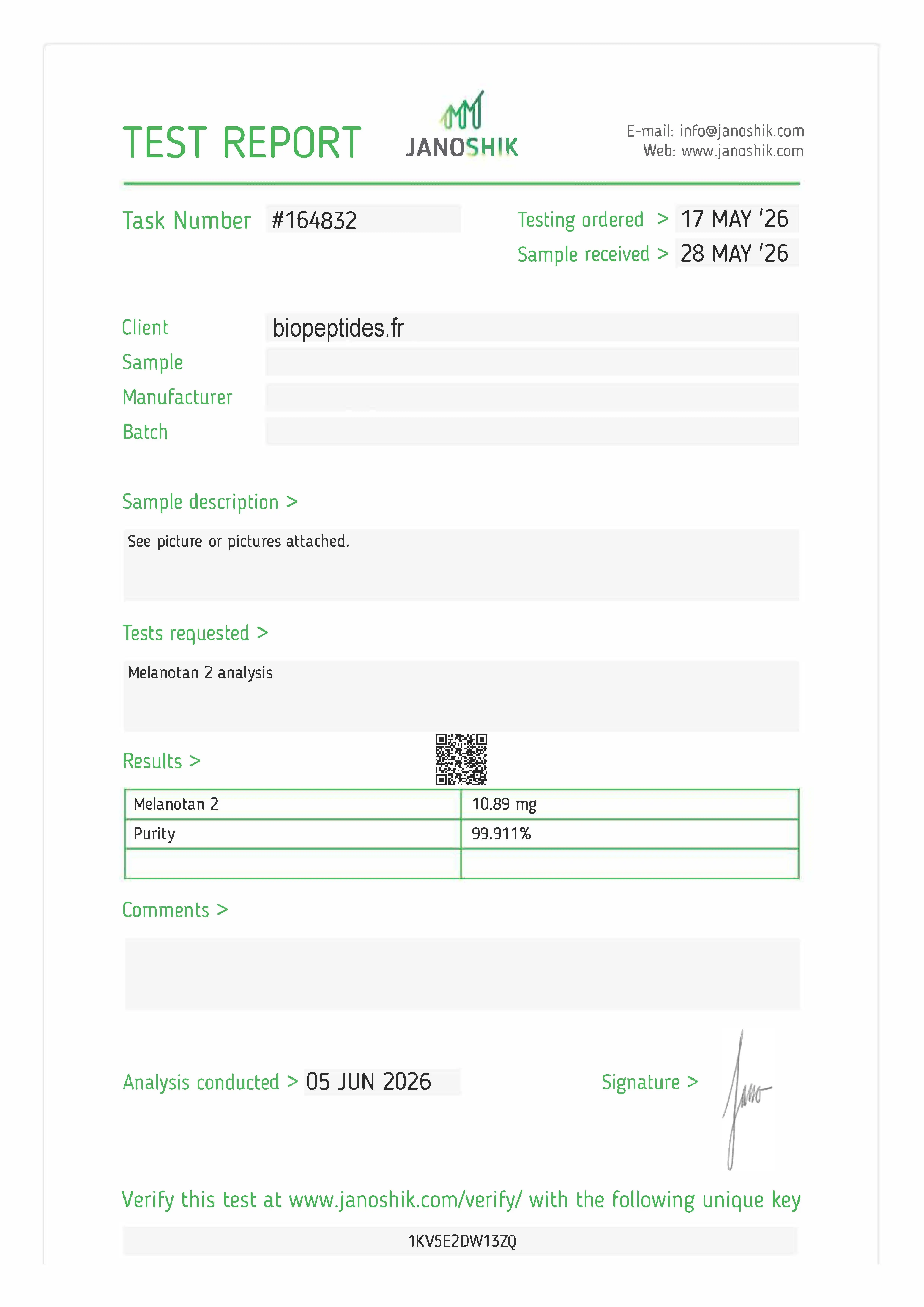 Certificate of Analysis — Melanotan II 10 mg