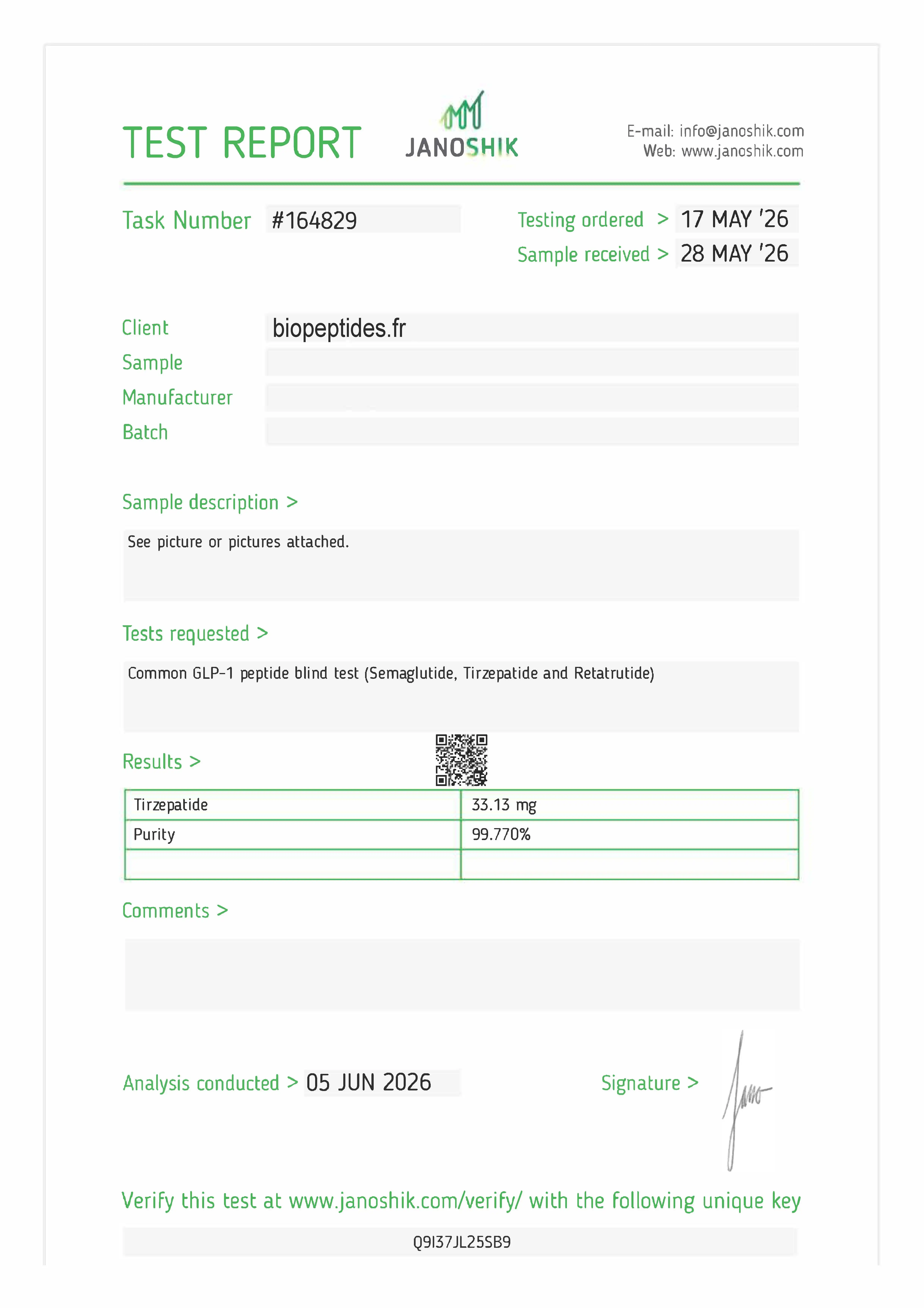 Certificate of Analysis — Tirzepatide 30 mg