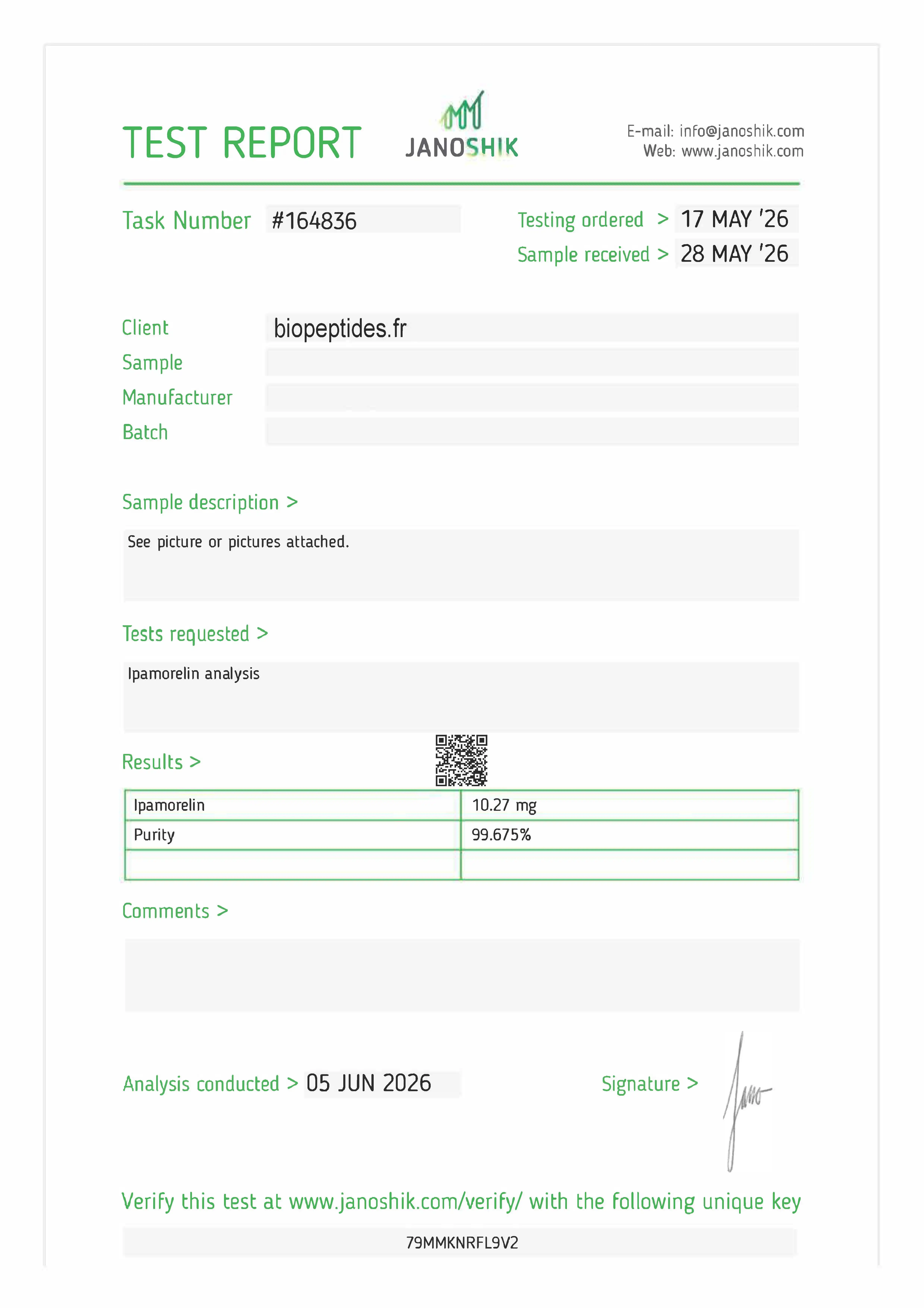 Certificate of Analysis — Ipamorelin 10 mg