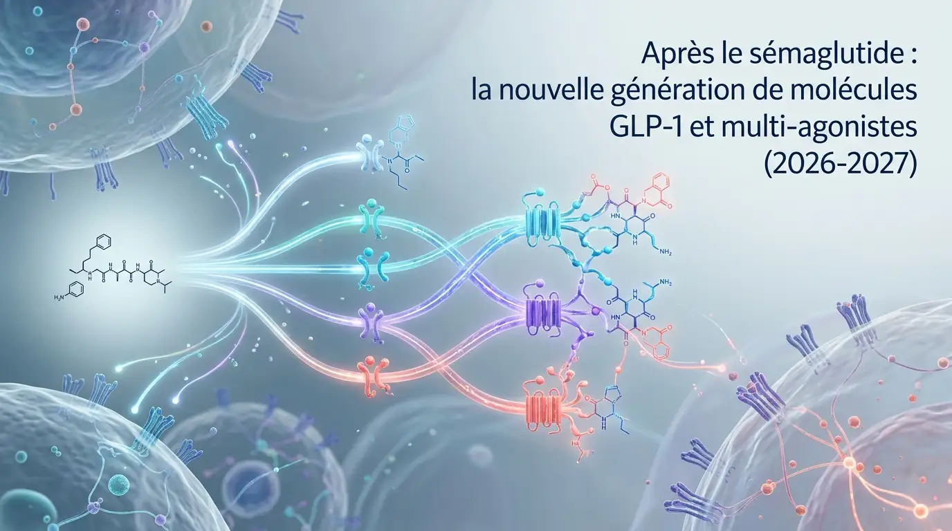 Illustration abstraite d'un pipeline de molécules en progression, style laboratoire, tons bleu marine, cyan et vert