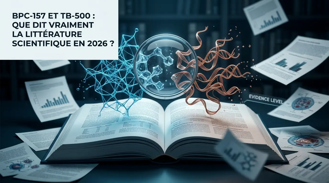 Illustration de laboratoire : fibres et helices stylisees qui se reconnectent, evoquant les mecanismes de reparation tissulaire etudies pour le BPC-157 et le TB-500.