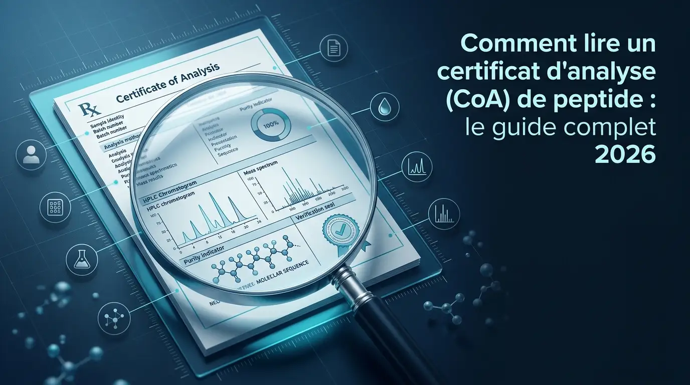Illustration stylisée d'un certificat d'analyse de peptide : document avec coche verte de validation et chromatogramme HPLC abstrait présentant un pic principal net.