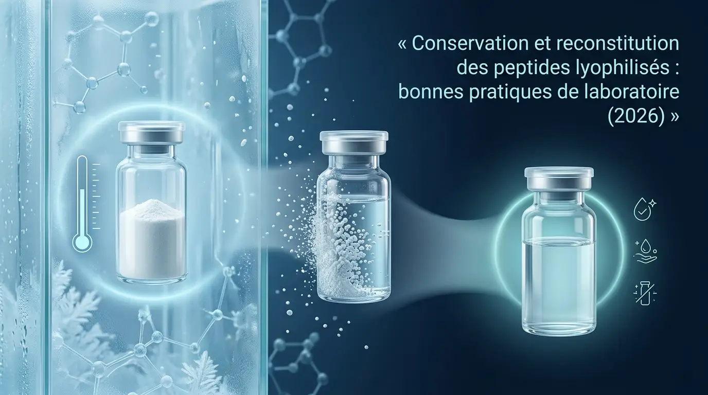 Illustration de laboratoire stylisée : un flacon de peptide lyophilisé, une goutte de solvant de reconstitution et un flocon de froid abstraits sur une grille technique, en tons bleu marine et cyan.