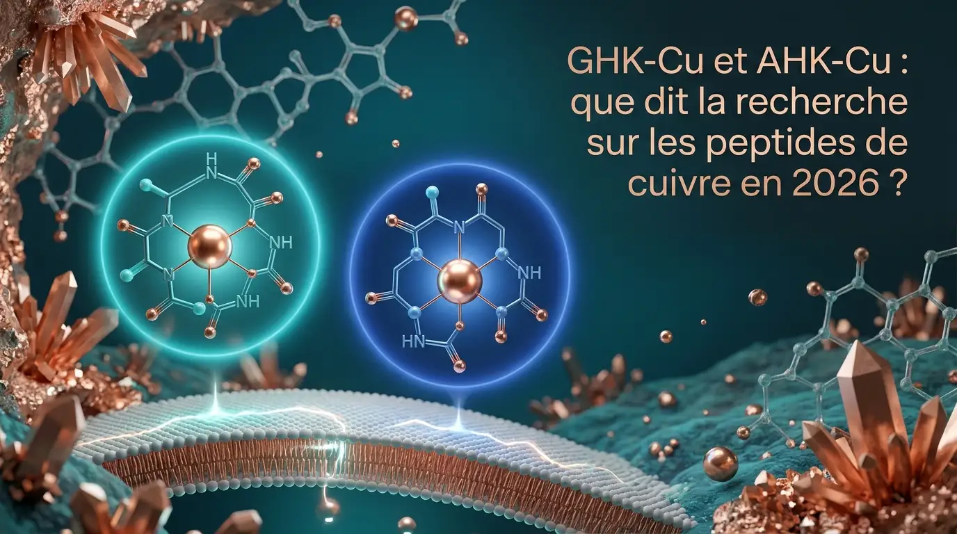 Illustration abstraite de laboratoire : un noyau cuivré central relié à des chaînes peptidiques stylisées en bleu marine et cyan, évoquant un complexe peptide-cuivre.