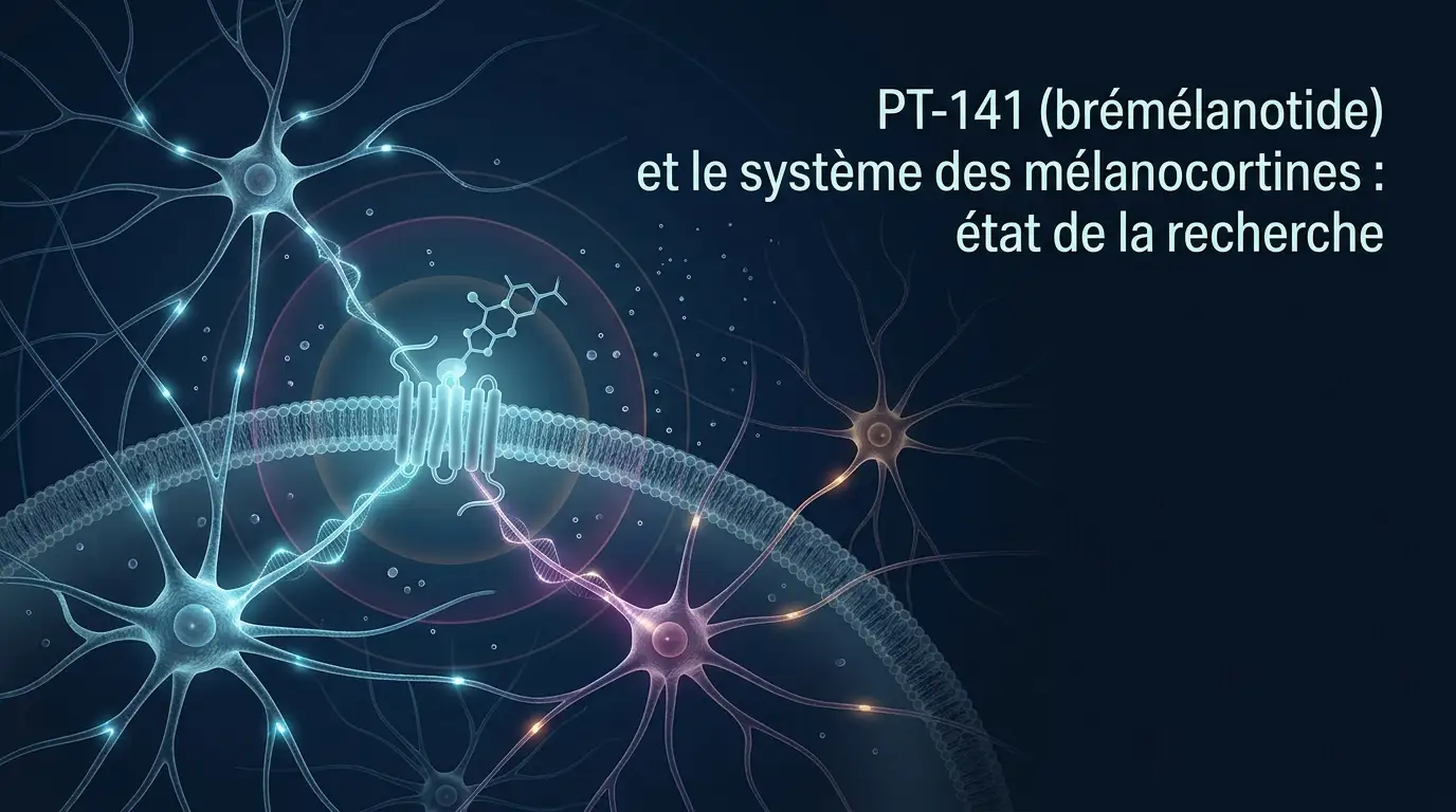 Illustration abstraite de laboratoire : cinq nœuds récepteurs reliés à un ligand central, évoquant le système des mélanocortines MC1R à MC5R ciblé par le PT-141.