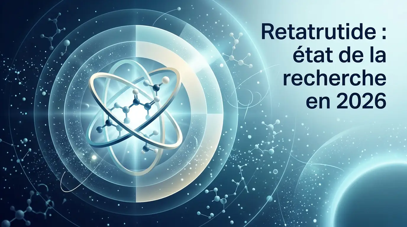 Illustration abstraite de laboratoire : trois voies moléculaires convergeant vers un récepteur central, symbolisant le triple agonisme GIP, GLP-1 et glucagon du retatrutide.