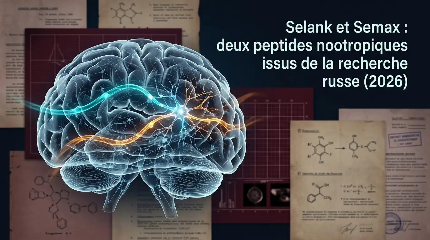 Illustration de laboratoire : synapses et connexions neuronales stylisées en navy et cyan, évoquant les mécanismes cérébraux étudiés pour Selank et Semax.