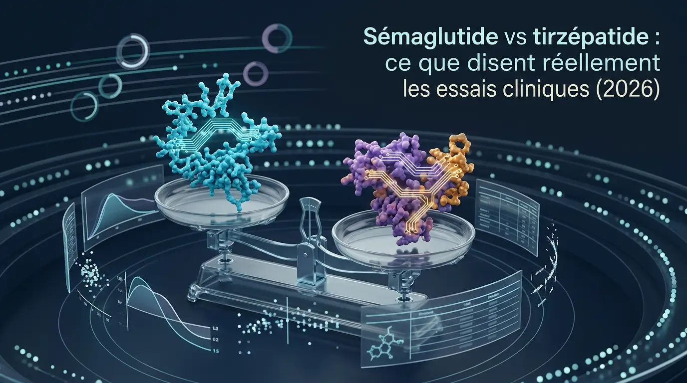 Illustration abstraite de laboratoire : deux courbes descendantes comparées, cyan et bleu marine, avec points de données sur une grille claire